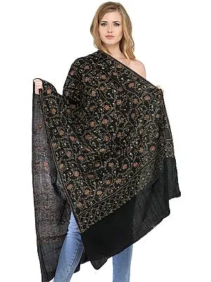 Black Kashmiri Tusha Stole with Sozni Hand Embroidery All-over
