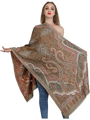 Green-Moss Stole from Amritsar with Self-Weave Florals and Paiselys