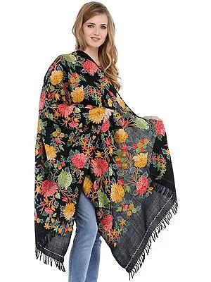 Jet-Black Stole from Kashmir with Aari Hand-Embroidered Flowers