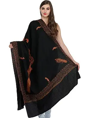 Jet-Black Tusha Shawl from Kashmir with Needle Embroidery by Hand