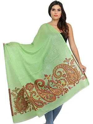 Areadian-Green Wool Shawl from Amritsar with Woven Paiselys in Self