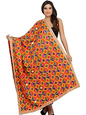 Mandarin-Orange Embroidered Phulkari Dupatta from Punjab with Mirrors