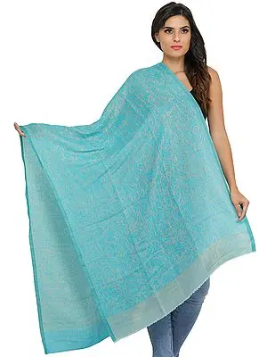 Atoll-Blue and Gray Reversible Cashmere Stole with Self-Weave