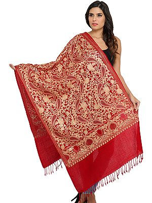 Deep-Claret Stole from Amritsar with Crystals and Aari-Embroidery in Beige Thread