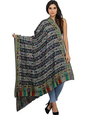 Deep-Cobalt Kani Jamawar Shawl with Woven Flowers and Paiselys