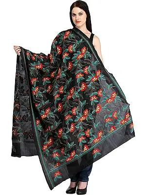 Phantom-Black Kantha Shawl with Woven Flowers and Border