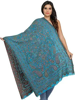 Hawaiin-Ocean Kani Jamawar Stole with Flowers Woven in Multi-Colored Thread