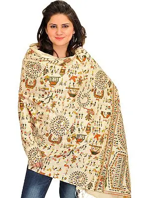 Off-White Printed Dupatta from Jharkhand with Warli Folk Motifs