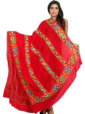 Bittersweet-Red Phulkari Dupatta from Punjab with Hand-Embroidered Bootis