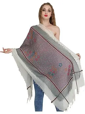 Off-White and Gray Two-Ply Stole with Aari Embroidery and Woven Border