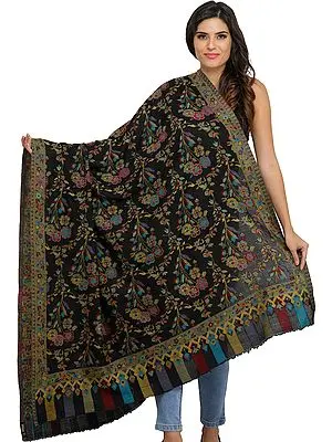 Phantom-Black Kani Jamawar Shawl with Flowers Woven in Multi-Colored Thread