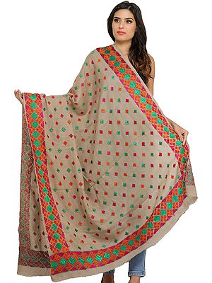 Light-Taupe Phulkari Shawl from Amritsar with Hand-Embroidered Bootis All-Over