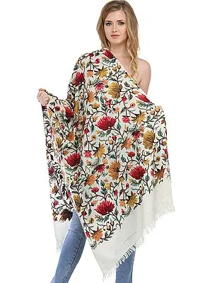 Off-White Kashmiri Stole with Aari Floral Embroidery by Hand