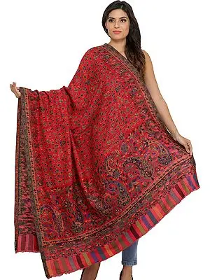 Cranberry-Red Kani Jamawar Shawl with Flowers Woven in Multi-Colored Thread