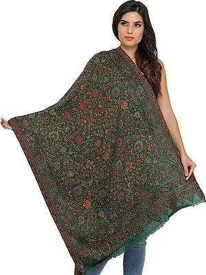 Antique-Green Kani Printed Jamawar Stole from Amritsar