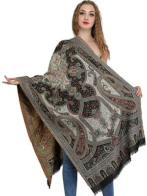 Jet-Black Stole from Amritsar with Woven Flowers and Paisleys
