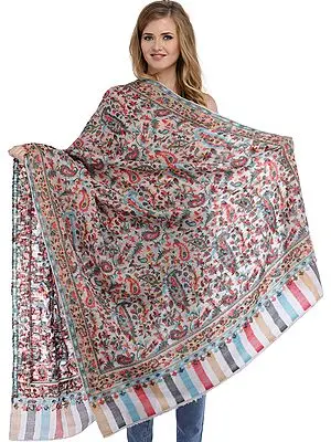 Bridal-Blush Kani Jamawar Cashmere Shawl with Flowers Woven in Multi-Color Thread