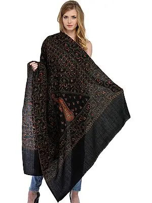 Caviar-Black Kashmiri Tusha Shawl with Sozni Hand Embroidery All-over
