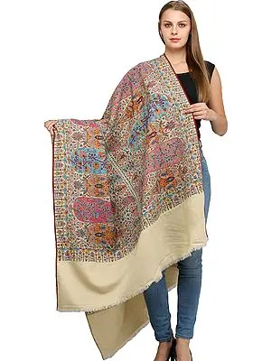 Wood-Ash Pure Pashmina Shawl from Uttar Pradesh with Sozni Floral Hand-Embroidery All-Over