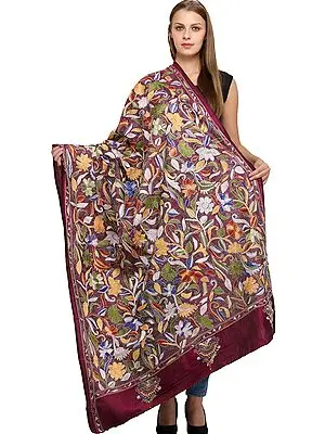 Rasberry-Radiance Densely Embroidered Kantha Dupatta from Kolkata