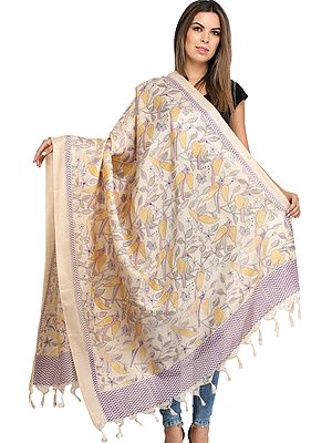 Cream Dupatta from Jharkhand with Printed Florals and Birds