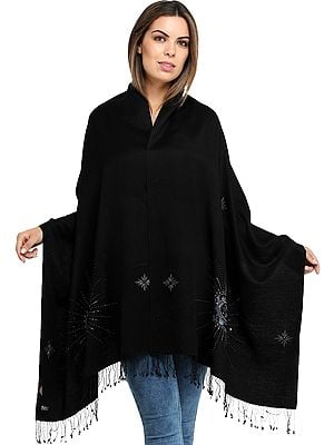 Caviar-Black Plain Cashmere Silk Stole from Nepal with Embroidered Beads