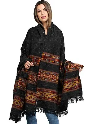 Phantom-Black Shawl from Kullu with Kinnauri Woven Triple Border