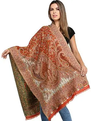 Tigerlily-Orange Kani Jamawar Stole from Amritsar with Woven Paisleys