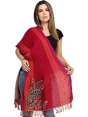 Festival-Fuchsia Jamawar Scarf with Woven Paisleys and Wool-Embroidery