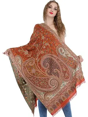 Burnt-Ochre Kani Jamawar Stole from Amritsar with Woven Paisleys and Florals
