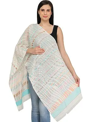 Off-White Stole with Woven Stripes and Flowers on Border in Multicolor Thread