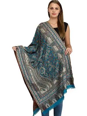 Turkish-Tile Kani Jamawar Stole from Amritsar with Woven Paisleys and Florals