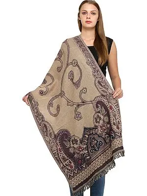 Tidal-Foam Wool-Embroidered Jamawar Stole with Woven Paisleys and Sequins