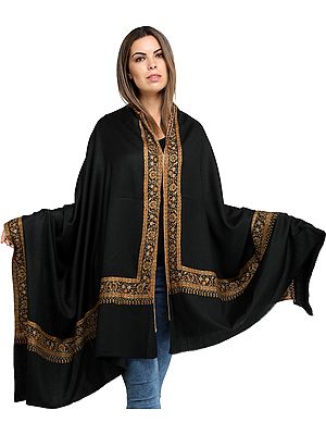 Pure Wool Plain Shawl from Amritsar with Sozni Embroidery on Border