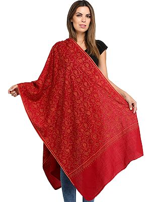 Garnet-Red Kashmiri Stole with Sozni Hand-Embroidery and Paisleys