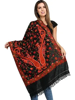 Pirate-Black Kashmiri Stole with Aari Embroidered Florals and Paiselys