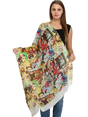 Eggnog Digital-Printed Stole with Florals and Human Figures