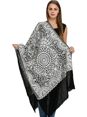Pirate-Black Shawl from Amritsar with Aari Embroidered Large Chakra in Silver Thread
