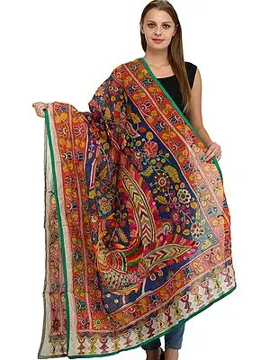 Multicolor Dupatta with All-Over Phulkari Embroidery and Printed Giant Peacock