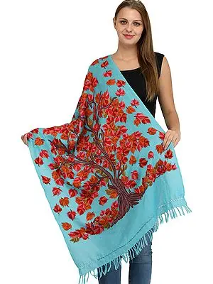 River-Blue Stole from Kashmir with Aari Hand-Embroidered Maple Tree