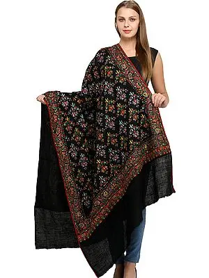 Phantom-Black Pure Pashmina Shawl from Uttar Pradesh with Sozni Floral Hand-Embroidery All-Over