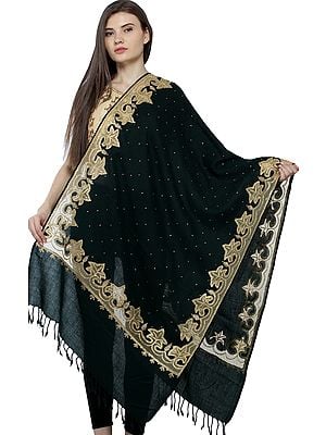 Pure Wool Shawl from Amritsar with Mesh Maple Leaf Patch and Crytsals