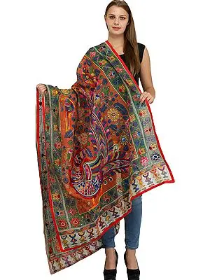 Multicolor Dupatta with All-Over Phulkari Embroidery and Printed Giant Peacock