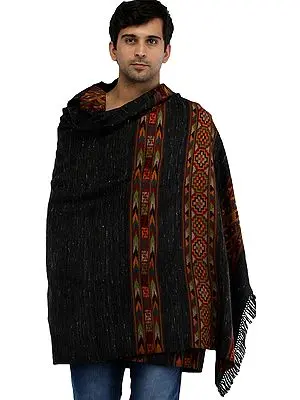 Phantom-Black Men's Shawl from Kullu with Kinnauri Woven Triple Border in Multicolor Thread