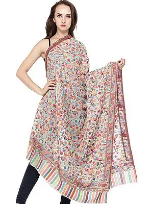 Banana-Crepe Kani Jamawar Shawl with Woven Paisleys and Florals in Multicolor Thread