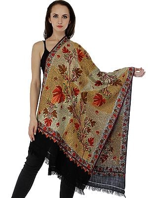 Caviar-Black Stole from Kashmir with Aari Embroidered Maple Leaves and Bootis All-Over