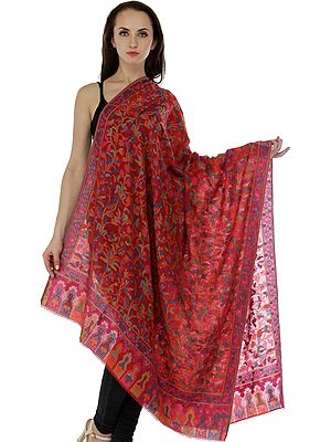 Flame-Scarlet Kani Jamawar Shawl with Woven Florals in Multicolor Thread All-Over