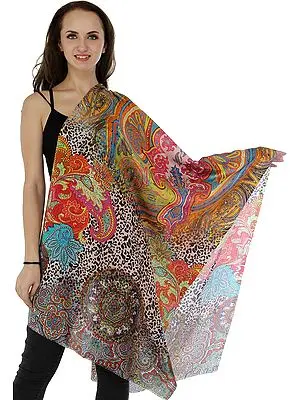 Multicolor Digital-Printed Stole with Florals and Paisleys