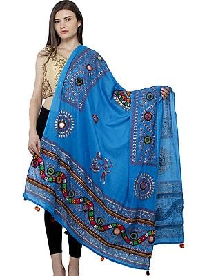 Printed Dupatta from Kutch with Hand-Embroidered Florals and Mirrors