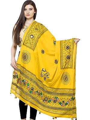 Printed Dupatta from Kutch with Hand-Embroidered Florals and Mirrors